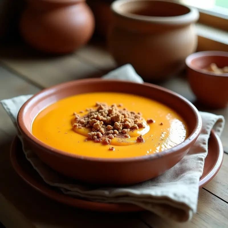 Postre tradicional murciano tiznao de calabaza y almendras servido en cuenco de barro, con crema naranja espesa, almendras picadas tostadas y un toque de canela en polvo.