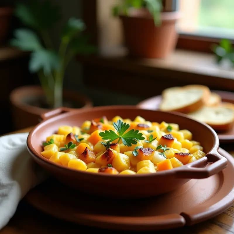 Plato hondo de barro con Tiznao de Calabaza y Bacalao, revuelto cremoso de color dorado con trozos de calabaza asada y bacalao desmenuzado, decorado con perejil fresco y acompañado de rebanadas de pan rústico.