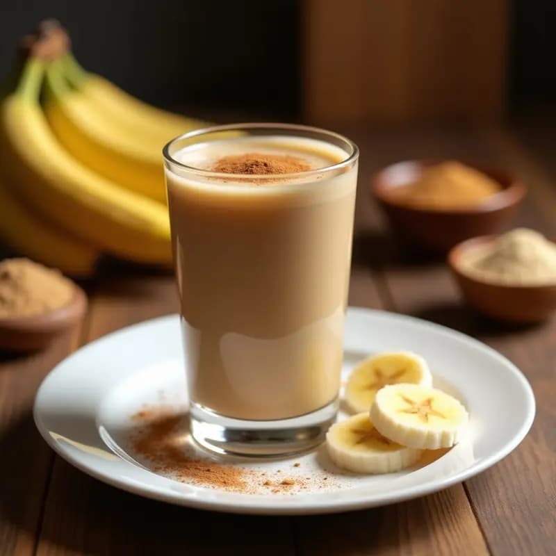 Vaso alto de cristal con Tiznao Canario, bebida cremosa de color beige con vetas oscuras de gofio, decorada con una pizca de canela y rodajas de plátano al lado. Fondo rústico con elementos canarios.
