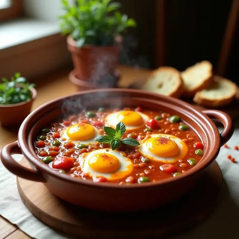 Cazuela de barro humeante con tiznao extremeño, pisto de tomate y pimiento verde en salsa espesa, coronado con huevos escalfados de yema líquida. Acompañado de rebanadas de pan tostado para mojar.