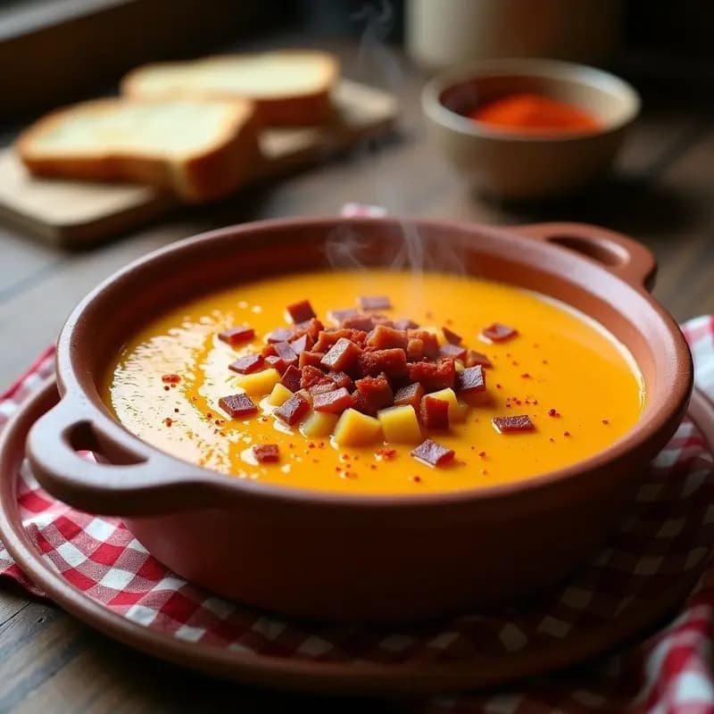 Cazuela de barro humeante con puré de calabaza y patata de color naranja intenso, decorado con trocitos de tocino dorado y espolvoreado con pimentón. Plato tradicional manchego servido en ambiente rústico.