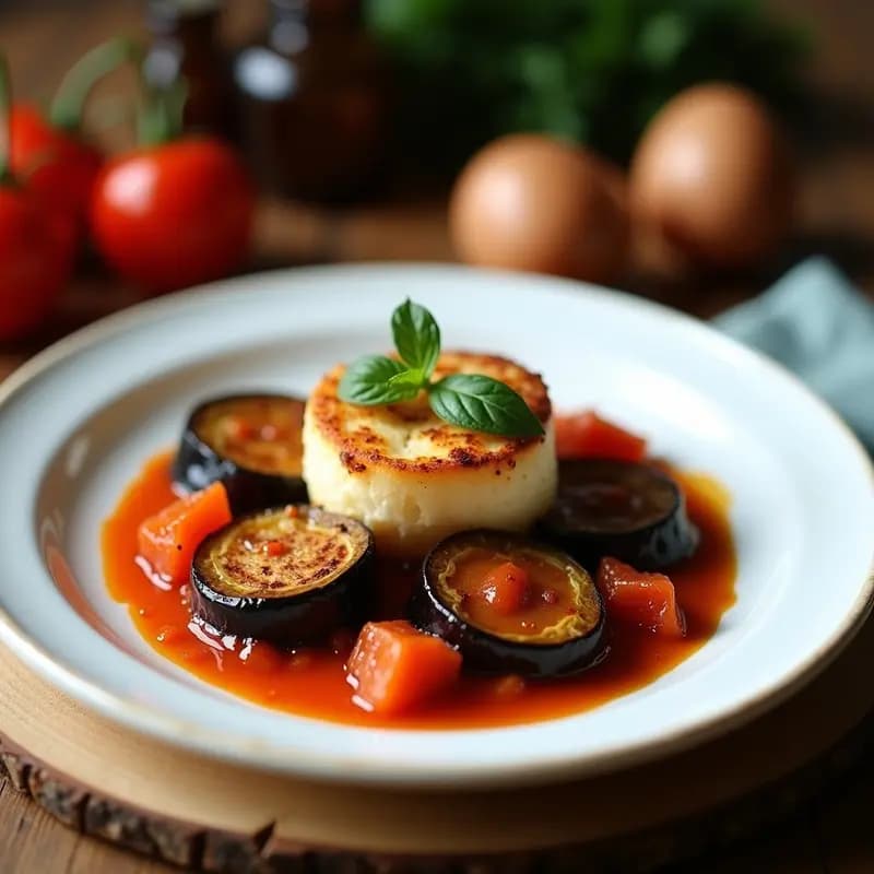 Cazuela de barro con tiznao murciano: bacalao desmenuzado, patatas en trozos, salsa espesa de color rojizo por la ñora, decorado con huevo duro picado y perejil fresco.