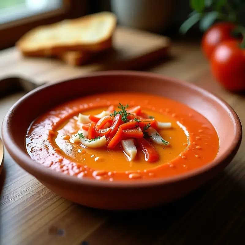 Cuenco de barro rústico con crema fría de Tiznao Murciano de color rojo intenso, decorado con trocitos de bacalao desmenuzado, virutas de pimiento rojo y un hilo de aceite de oliva virgen extra. Al fondo, pan tostado y una cuchara de madera. Plato tradicional murciano refrescante.