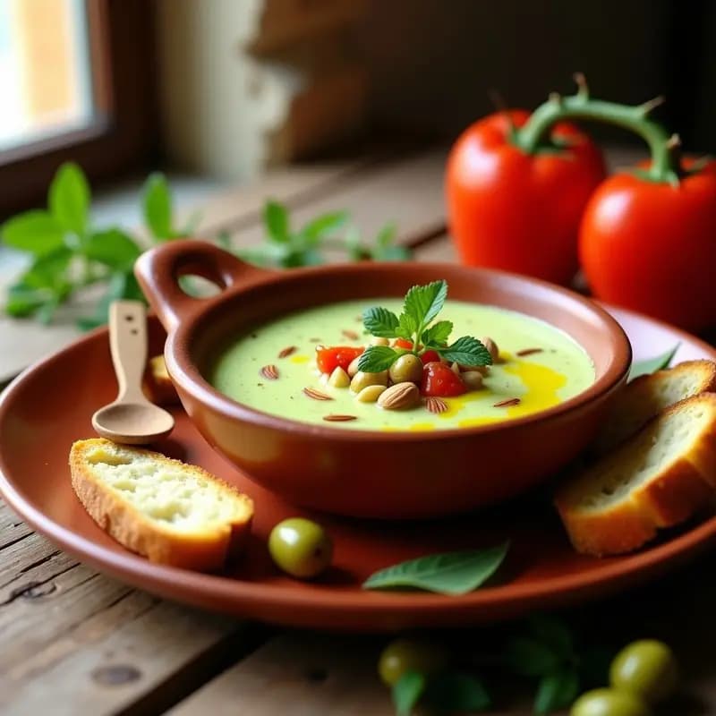Bol de barro rústico con tiznao murciano de calabacín y pimiento, salsa fría de color verde claro con trozos de pimiento rojo asado y almendras, acompañada de rodajas de pan tostado y una cuchara de madera. Plato tradicional español sobre mesa de madera con aceituna y hierbas frescas.