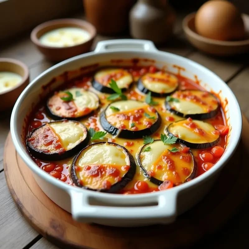 Tiznao andaluz en molde rectangular: pastel de calabacín y berenjena en capas con salsa de tomate y queso fundido gratinado, dorado y burbujeante, decorado con perejil fresco.