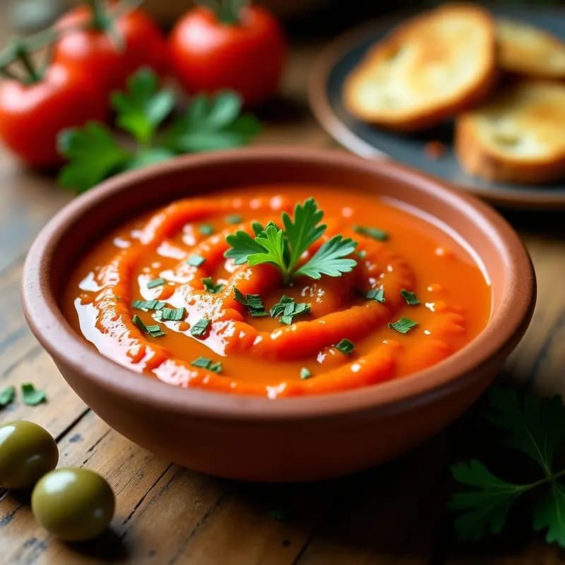 Cuenco de barro rústico con tiznao manchego, salsa cremosa de tomate, pimiento asado y bacalao, decorada con perejil fresco y un hilo de aceite de oliva virgen extra, acompañada de pan tostado.