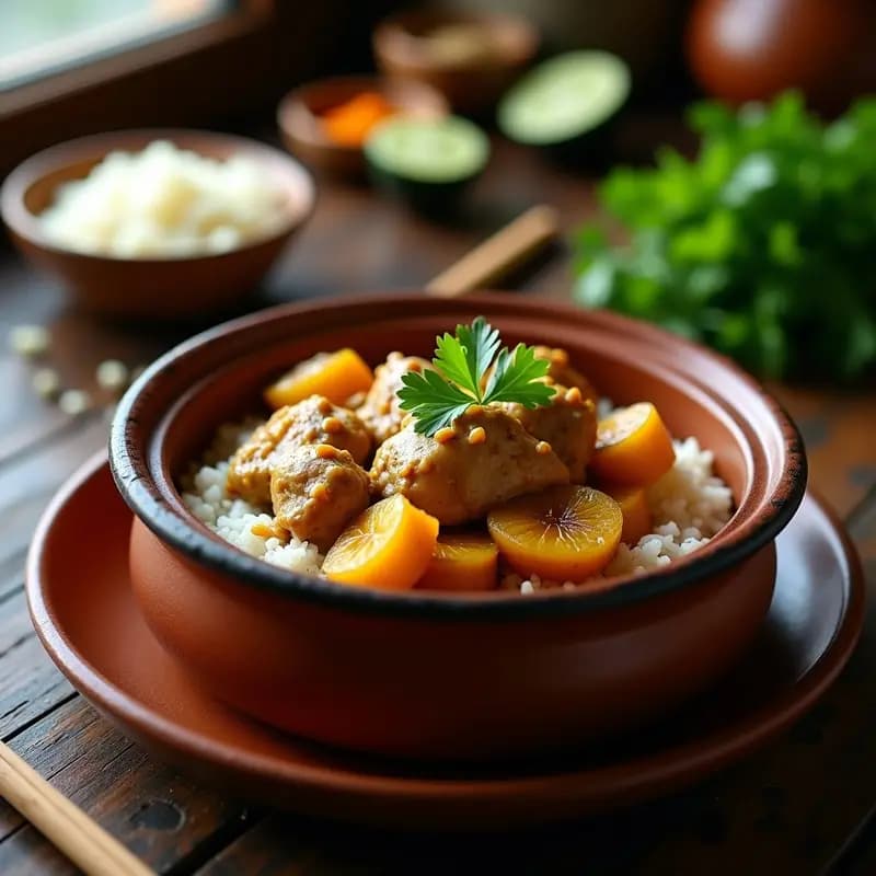 Olla de barro humeante con Tjin Tjin de pollo y plátanos machos, estofado surinamés dulce-salado. Trozos dorados de pollo bañados en salsa espesa de cacahuete, rodeados de rodajas de plátano macho maduro y cilantro fresco. Servido sobre arroz blanco.