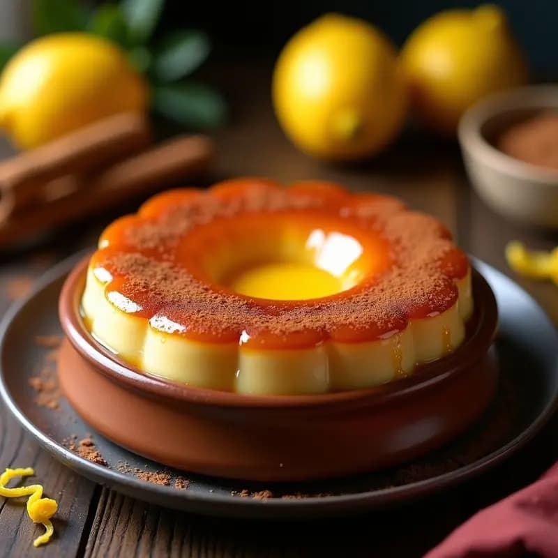 Tocino de cielo sin azúcar en molde individual, con textura cremosa y dorada, servido en plato blanco con cucharita de plata.