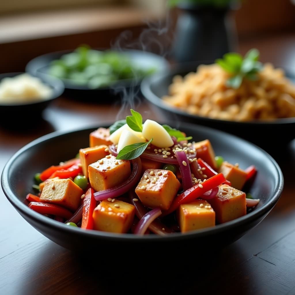 Plato de tofu ahumado dorado en cubos bañado en una salsa espesa de ciruelas pasas y jengibre, acompañado de cebolla morada, pimiento rojo y semillas de sésamo. Receta china vegana servida en un bol de cerámica negra con fondo de madera rústica.