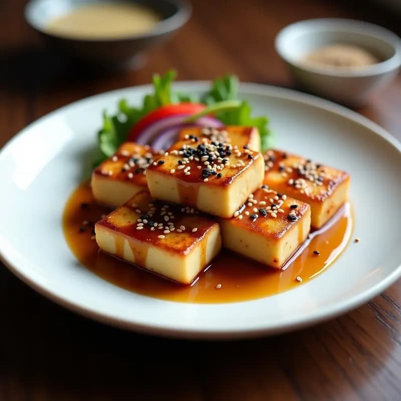 Plato de tofu dorado a la plancha con salsa teriyaki brillante, espolvoreado con semillas de sésamo negro y blanco, acompañado de cebolla morada y pimiento rojo salteados. Receta japonesa vegana y alta en proteína.
