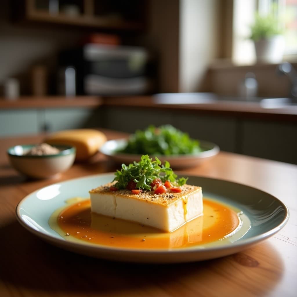 Plato blanco con tofu al vapor en cubos dorados sobre hojas de lechuga romana, bañado en salsa de cítricos y sésamo, decorado con semillas de sésamo y cébollino. Receta china alta en proteína y sin gluten.