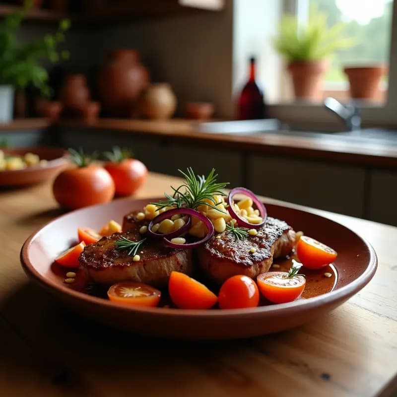 TToggle de cordero al horno con hierbas provenzales y ajo en airfryer: trozos dorados de cordero con cebolla morada y tomates cherry, servidos en plato de barro con hierbas frescas espolvoreadas.