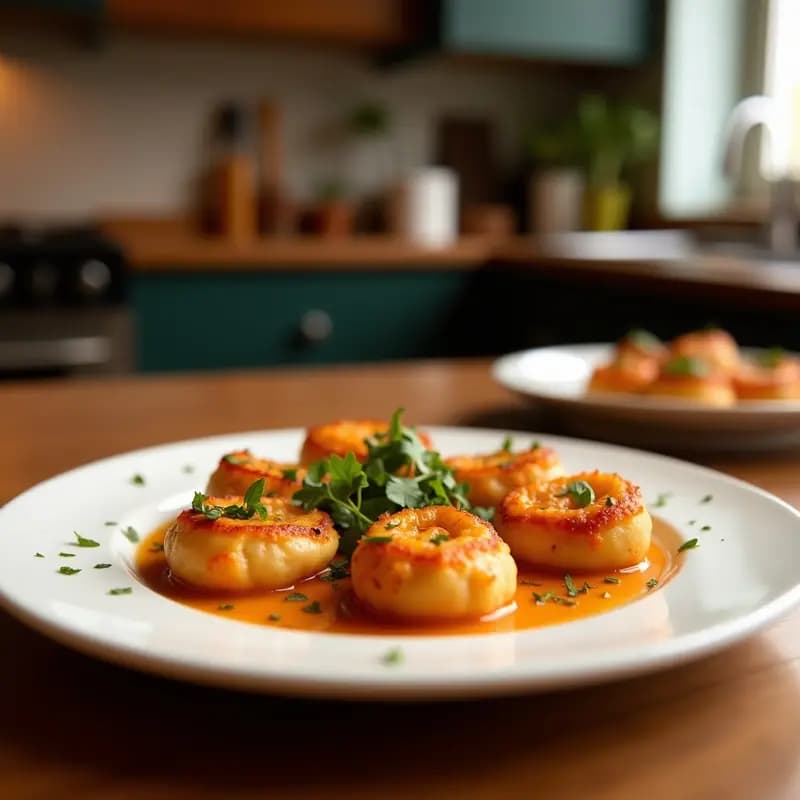 Tomaquetes farcits de Brandada de Bacallà en bandeja de cerámica blanca, tomates rellenos de cremosa brandada de bacalao gratinada, decorados con perejil fresco y aceite de oliva, fondo rústico con luz natural.