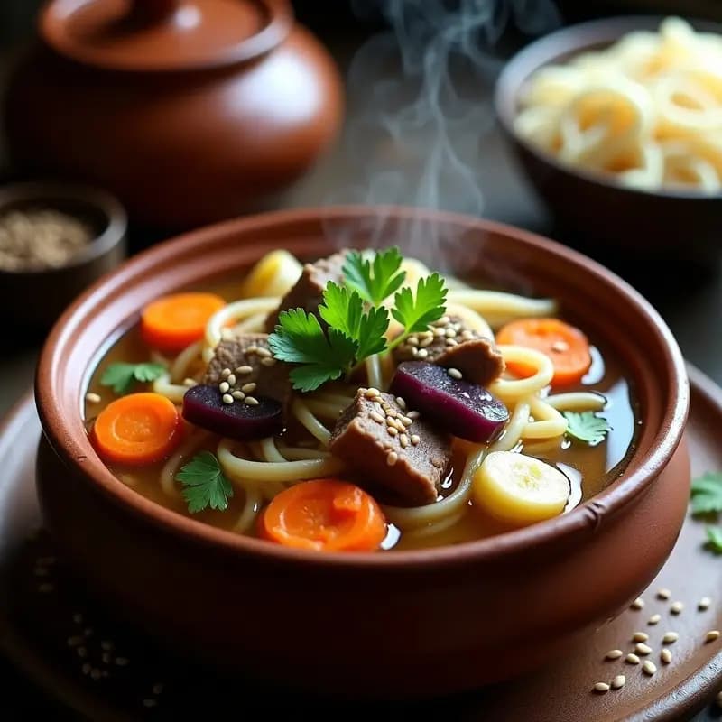 Cuenco de barro humeante con sopa Tongba Mongol, fideos de trigo sarraceno, trozos de cordero tierno, zanahoria morada, nabo daikon y cilantro fresco, servida en mesa rústica con fondo de estepa mongola difuminado.