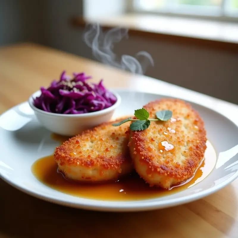 Plato blanco con tonkatsu de cerdo dorado y crujiente en tiras, bañado en salsa de manzana brillante, acompañado de col morada encurtida de color vibrante y semillas de sésamo tostadas. Receta japonesa en airfryer.