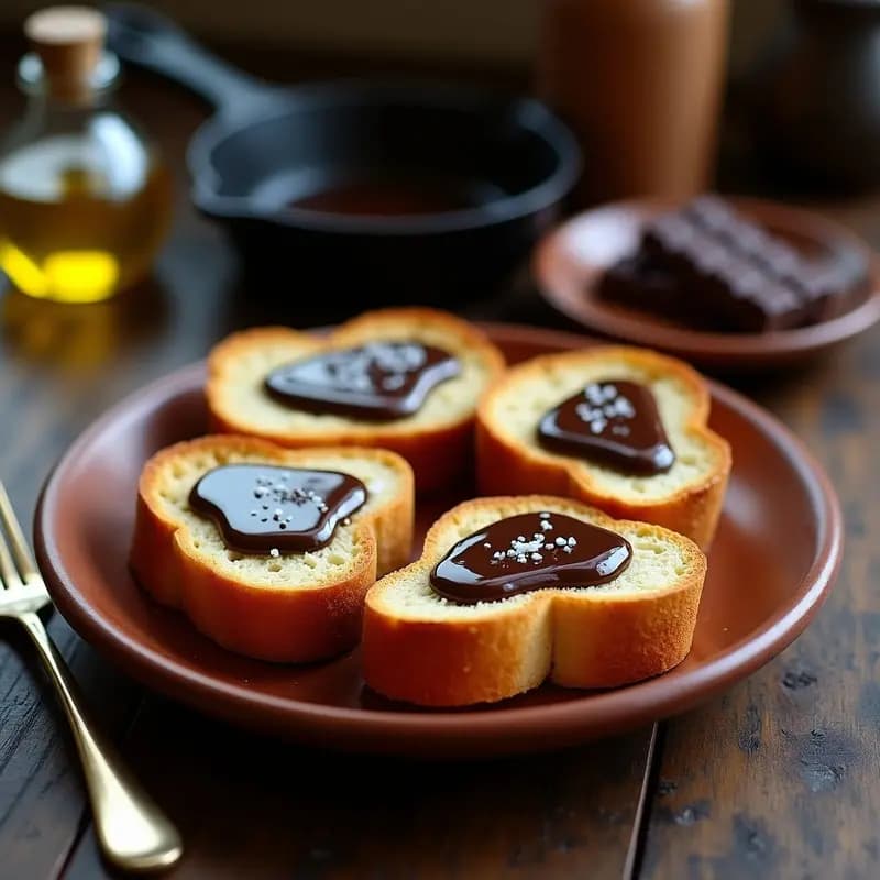 Plato rústico de barro con cuatro torradas doradas empapadas en aceite de oliva virgen extra, cubiertas con chocolate fundido brillante y una pizca de sal marina, sobre fondo de madera oscura con detalles de cocina tradicional extremeña.