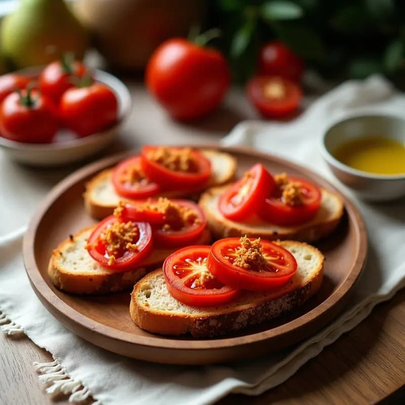 Plato de madera con torradas doradas de pan de trigo einkorn, cubiertas con tomate rallado fresco y un hilo de aceite de oliva virgen extra, servidas sobre un mantel rústico de lino.
