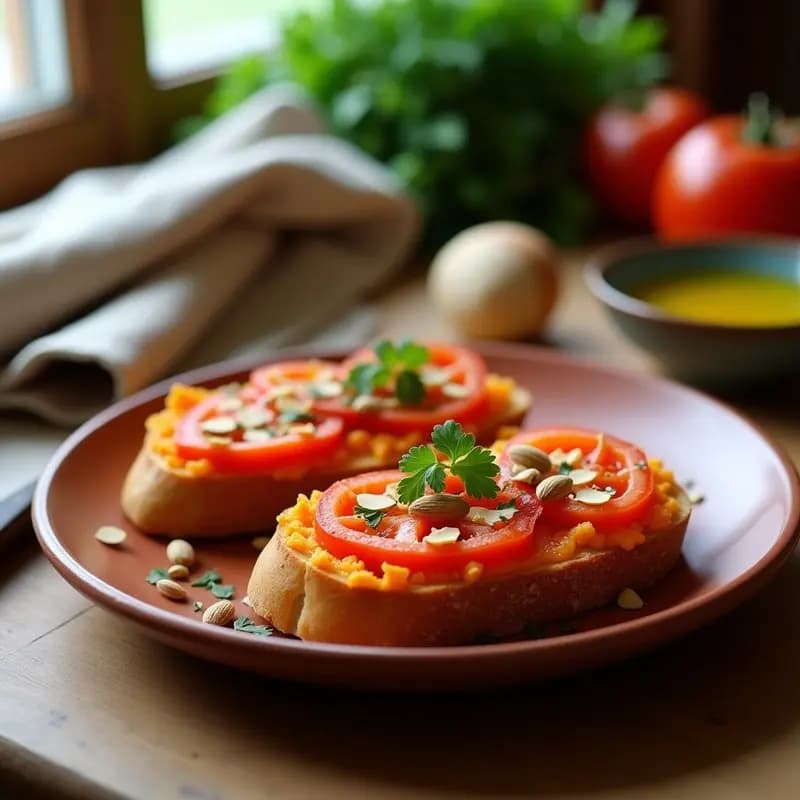 Torradas doradas de pan sin gluten con una capa cremosa de sobrasada vegana de color anaranjado, cubiertas de tomate rallado rojo brillante y decoradas con perejil fresco y almendras fileteadas tostadas. Plato típico español sin lactosa y sin gluten, servido en un plato de barro rústico sobre una mesa de madera.