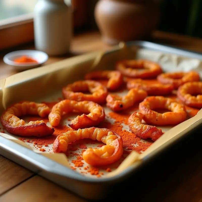 Bandeja de horno con torreznos de cerdo dorados y crujientes, espolvoreados con pimentón de la Vera y perejil fresco, receta española tradicional al horno.