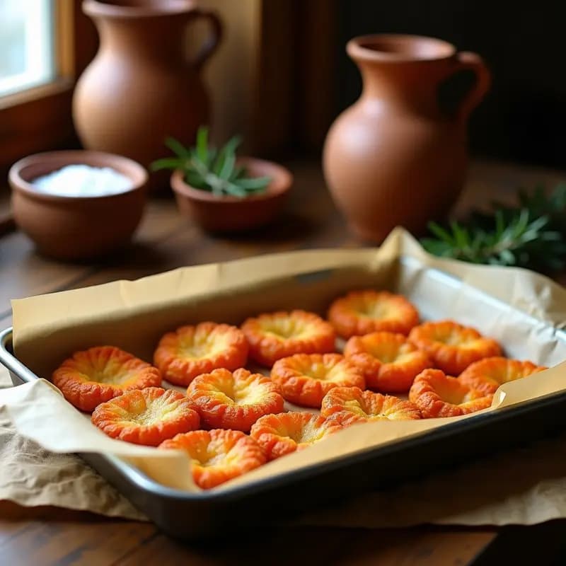 Bandeja de horno con torreznos de Soria dorados y crujientes, brillantes por la miel caramelizada y espolvoreados con pimentón dulce, sobre papel de horno. Tapa tradicional castellana lista para servir.
