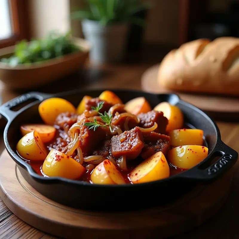 Sartén de hierro con torreznos dorados al vino tinto y patatas panaderas en rodajas, guiso tradicional español con cebolla y pimentón, servido en plato rústico.