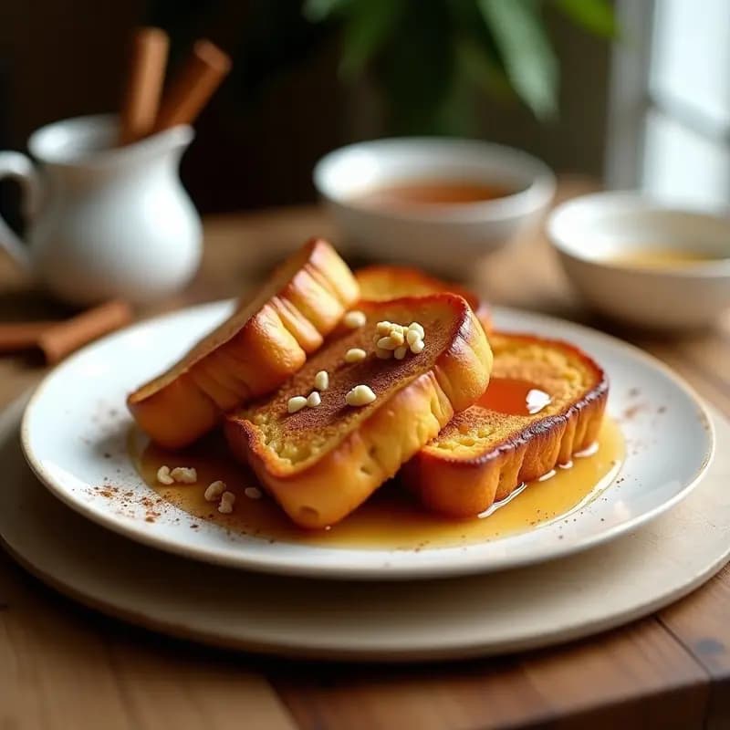 Torrijas doradas de pan brioche apiladas en un plato blanco, bañadas en sirope de arce brillante y espolvoreadas con canela y almendras fileteadas tostadas, con un fondo borroso de cocina francesa elegante.