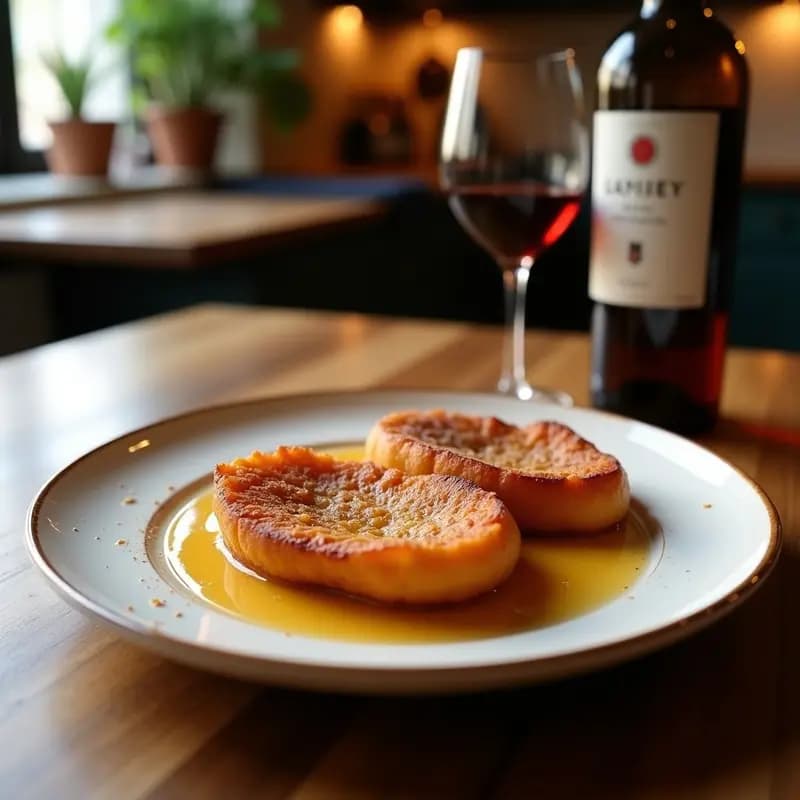 Plato blanco con torrijas doradas de pan de barro con vino moscatel, espolvoreadas con azúcar y canela, sobre fondo rústico de madera.