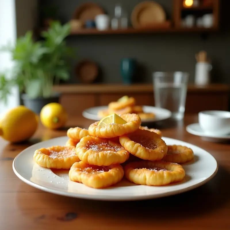 Plato blanco con torrijas doradas de pan del día anterior, espolvoreadas con azúcar y canela, acompañadas de rodajas de limón y una rama de canela al lado, postre tradicional de Semana Santa.
