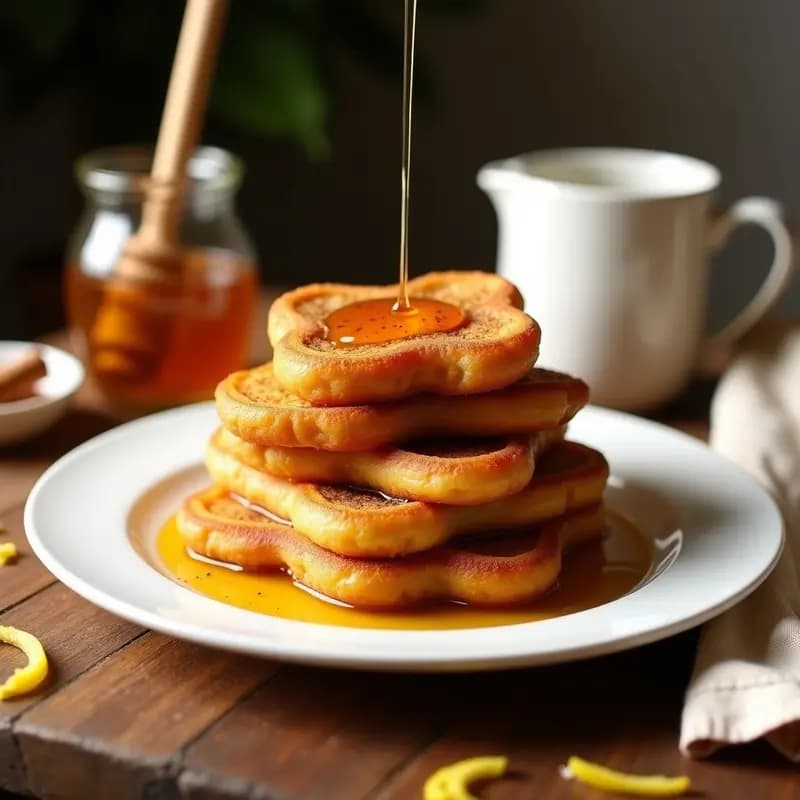Torrijas doradas de sémola de maíz apiladas en un plato blanco, bañadas en miel de romero y espolvoreadas con canela, con fondo rústico de madera y un tarro de miel al lado.