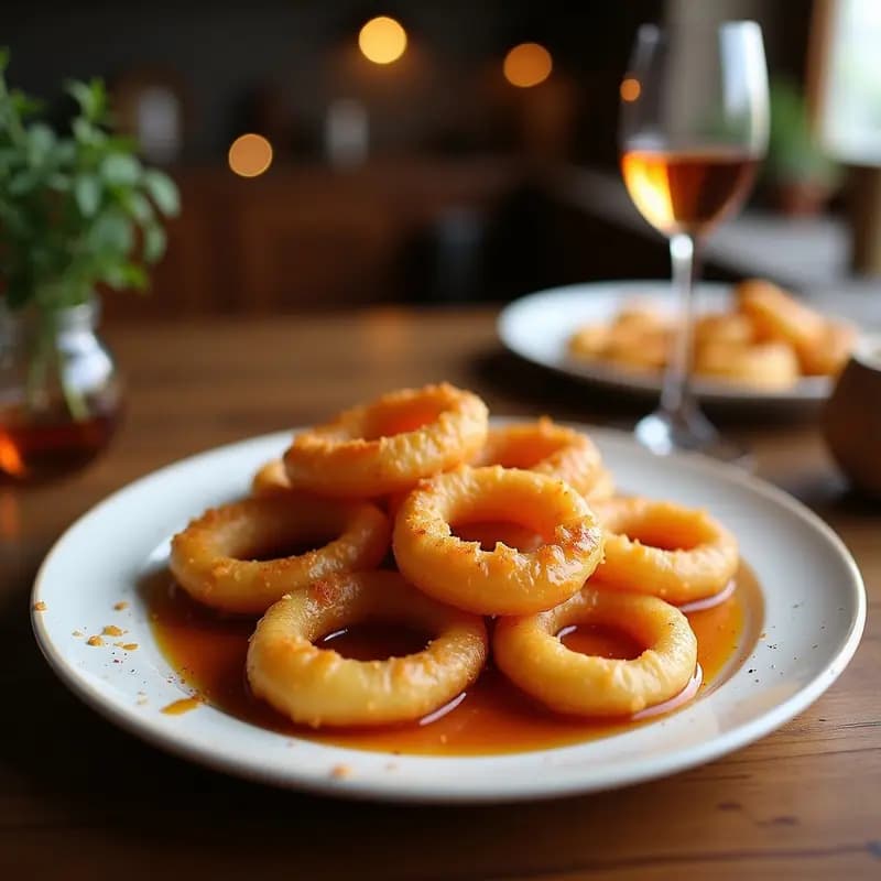 Torrijas doradas y crujientes de vino mosto, postre extremeño de Semana Santa, espolvoreadas con azúcar y canela en un plato de barro rústico, con una rama de canela y una copita de vino mosto al fondo.
