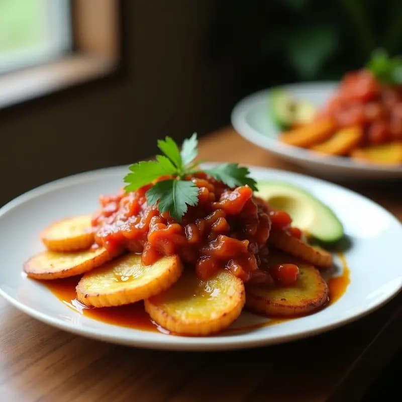 Plato rústico con torrillas doradas de plátano macho apiladas, cubiertas con hogao colombiano espeso de color rojo intenso, decorado con cilantro fresco y rodajas de aguacate. Receta vegana y saciante.