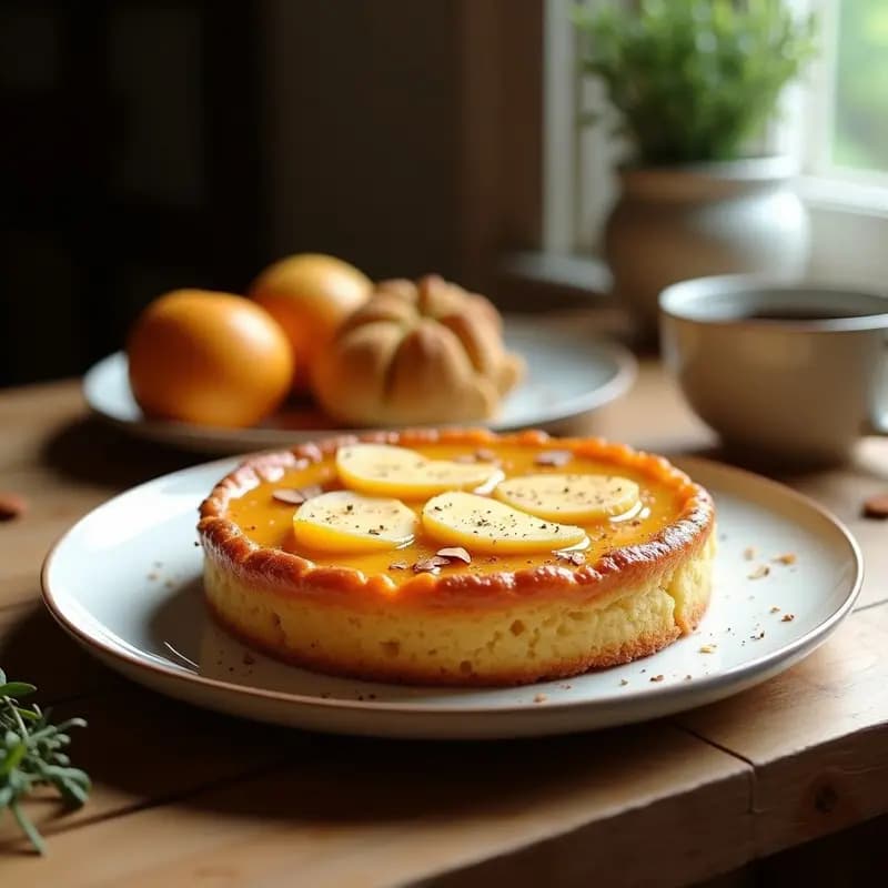 Torta de aceite dorada en dos capas, rellena de láminas de membrillo naranja y queso de oveja blanco desmenuzado, con un hilo de miel de romero y semillas de sésamo tostadas espolvoreadas. Plato rústico de cerámica sobre fondo de madera clara.