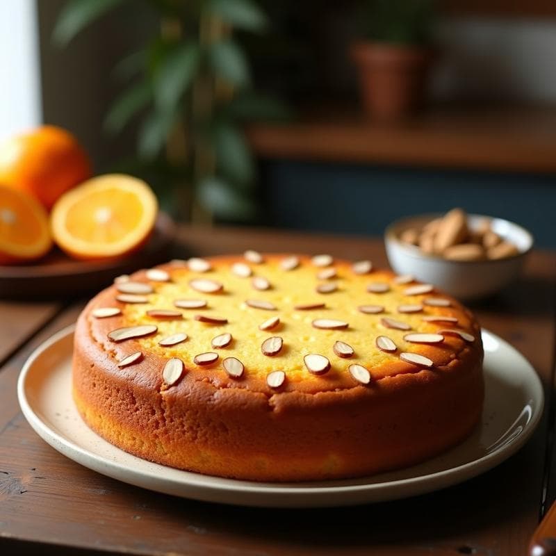 Torta de aceite de oliva y naranja con almendras en molde redondo, dorada y esponjosa, con almendras fileteadas en la superficie, servida en plato rústico con rodajas de naranja al lado.