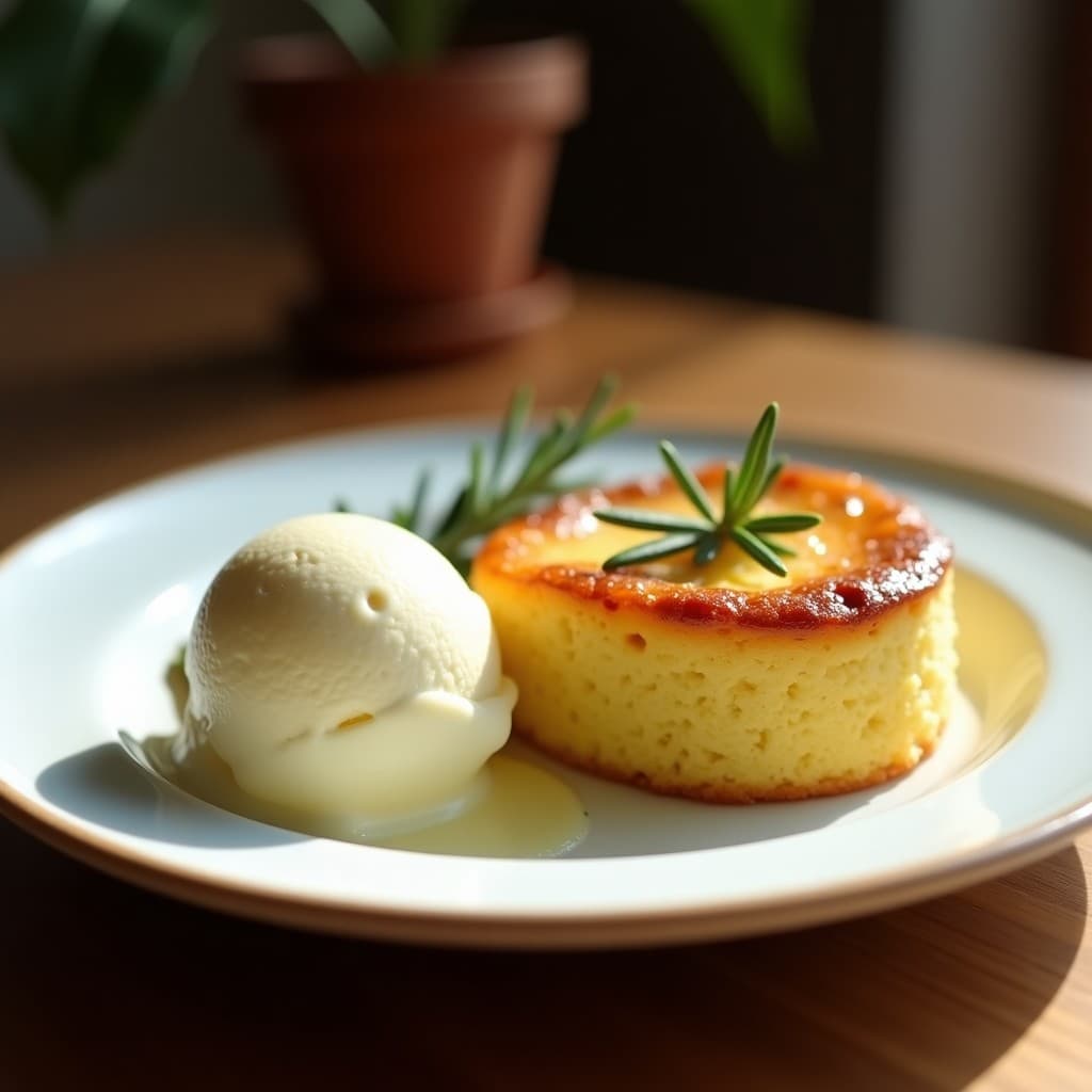 Torta dorada de aceite de oliva y romero con textura esponjosa, servida en plato blanco con una bola de helado de queso de cabra cremoso y decorada con hojas de romero fresco. Postre andaluz sin azúcar.