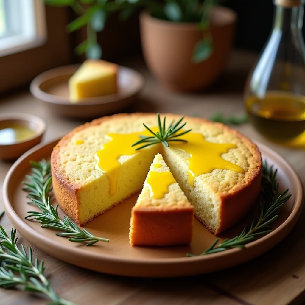Torta dorada y esponjosa de aceite de oliva y romero sin gluten, cortada en porciones y servida en plato rústico con hojas de romero fresco alrededor.