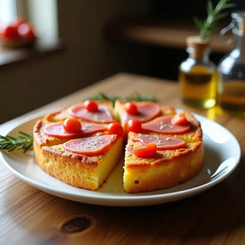 Torta de aceite andaluza tostada rellena de queso de cabra desmenuzado, rodajas de tomate perla y taquitos de jamón serrano, con un hilo de aceite de oliva y albahaca fresca. Receta española para desayunos saludables y gourmet.