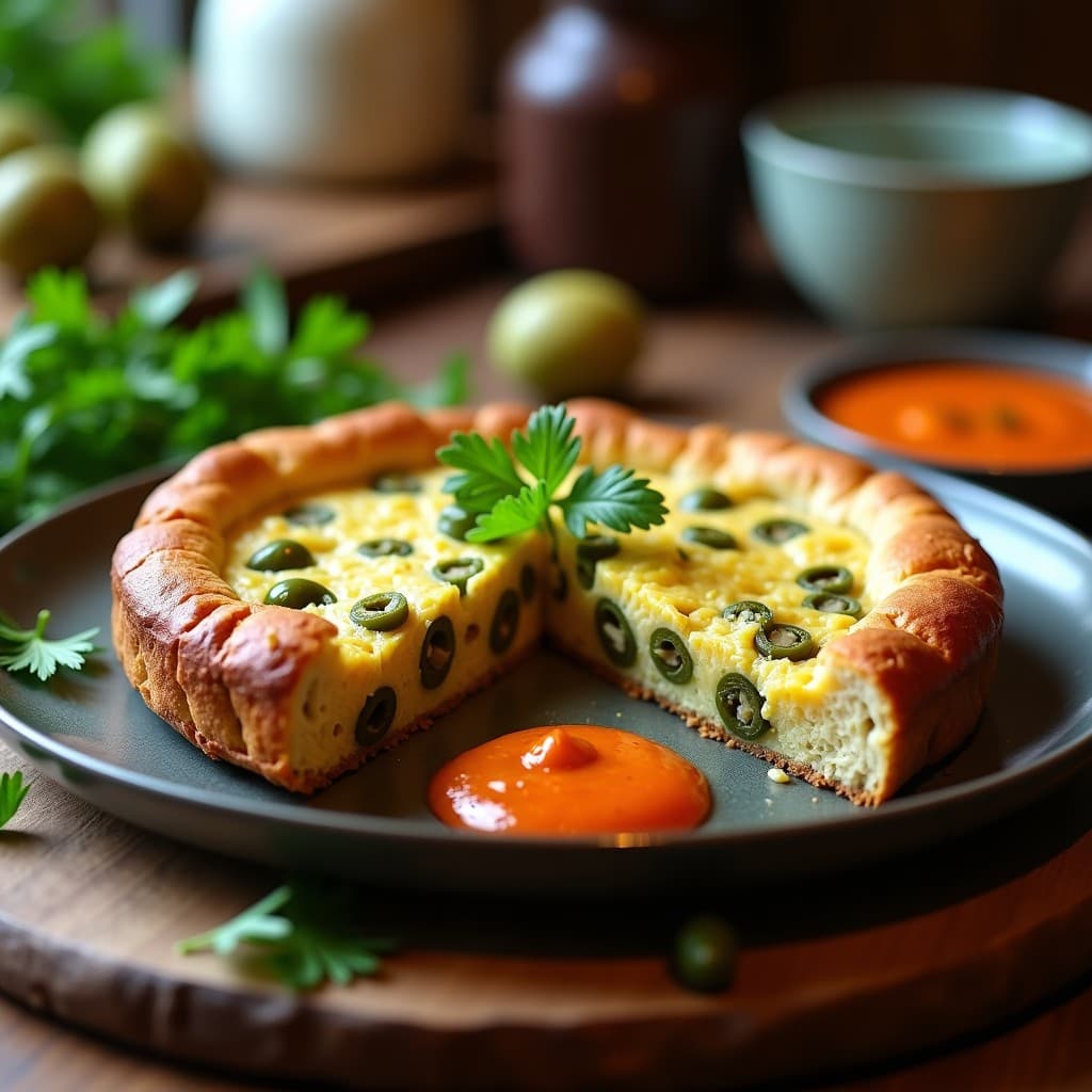 Torta dorada de aceituna verde y romesco vegana, cortada en porciones, con textura esponjosa y trozos de aceituna visibles. Acompañada de salsa romesco cremosa y perejil fresco, sobre un plato de cerámica rústica con fondo de madera oscura.