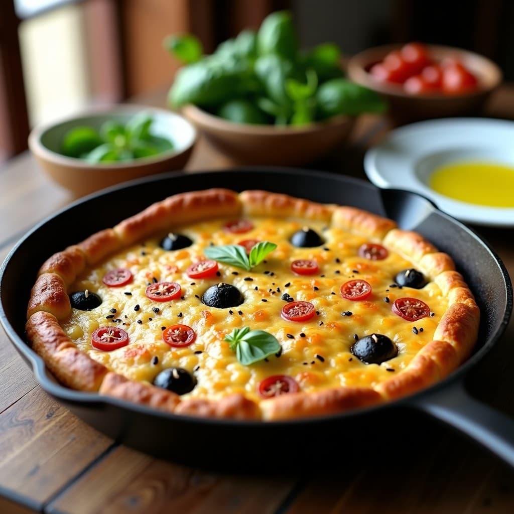 Torta dorada y esponjosa en sartén antiadherente, con trocitos visibles de aceitunas negras y tomates secos, espolvoreada con semillas de sésamo. Receta italiana sin harina.