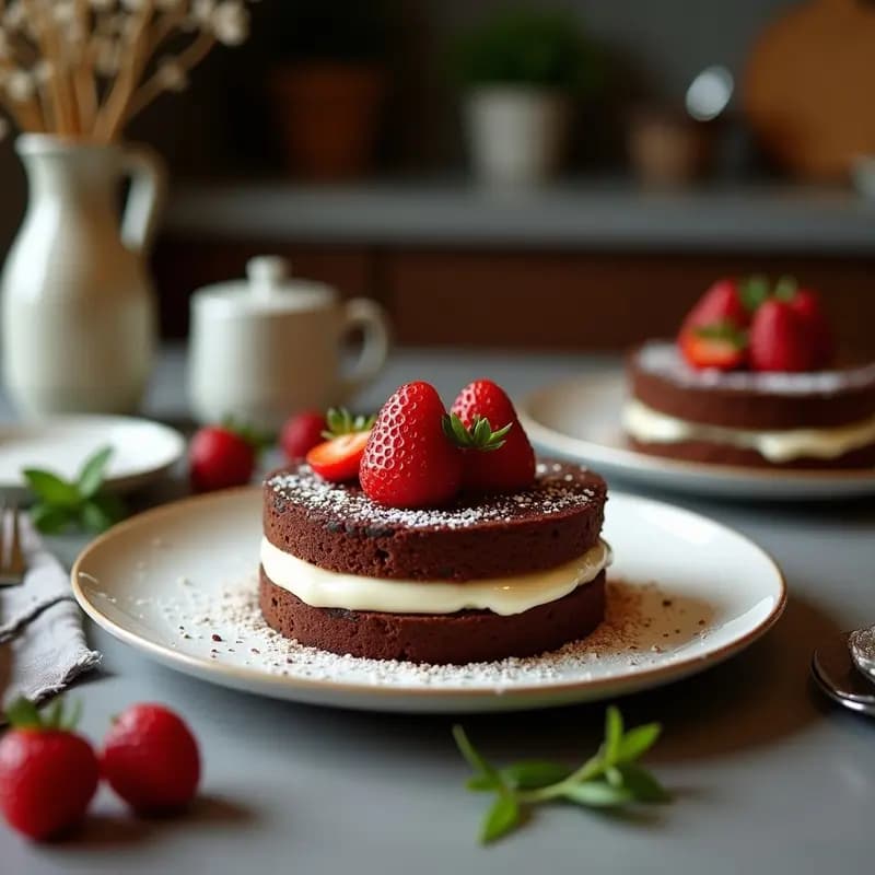 Torta caprese de chocolate y avellanas recién horneada, con superficie ligeramente agrietada y brillo natural, servida en plato blanco con cacao en polvo espolvoreado y avellanas picadas alrededor.