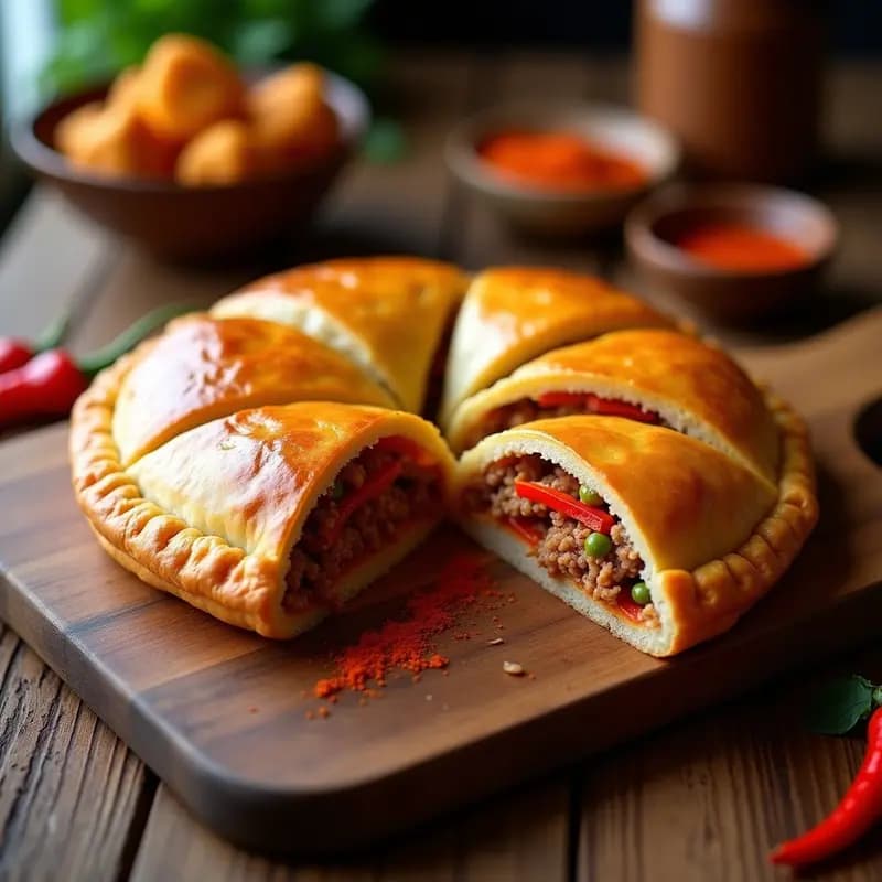 Torta de chicharrones con pimientos asados extremeña, empanada dorada y crujiente cortada en porciones, con el relleno visible de chicharrones y tiras de pimiento rojo, servida sobre una tabla de madera rústica.