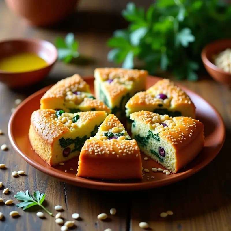 Torta de chirel murciana dorada y esponjosa, cortada en porciones, con semillas de sésamo por encima, sobre un plato de barro rústico. Receta tradicional de verduras y harina de garbanzo.