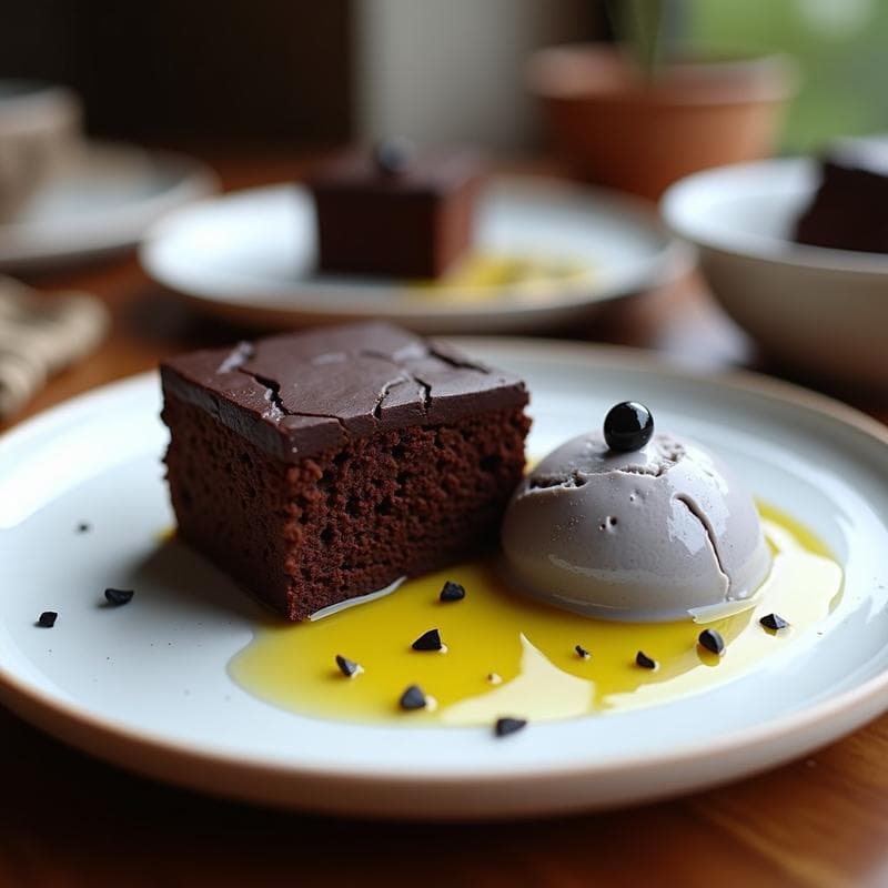 Torta de chocolate oscura y esponjosa con vetas de aceite de oliva, servida en plato blanco con una bola de helado cremoso de aceituna negra, decorada con un hilo de aceite de oliva virgen extra y aceitunas picadas.