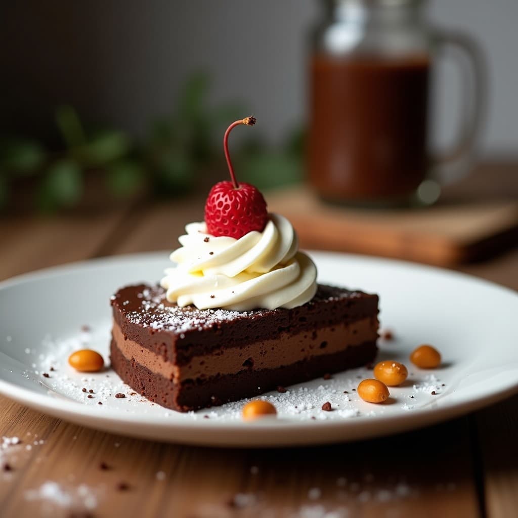 Torta de chocolate y almendras vegana y sin gluten con crema de aquafaba montada, decorada con almendras tostadas y un hilo de crema de anacardos sobre fondo rústico de madera.