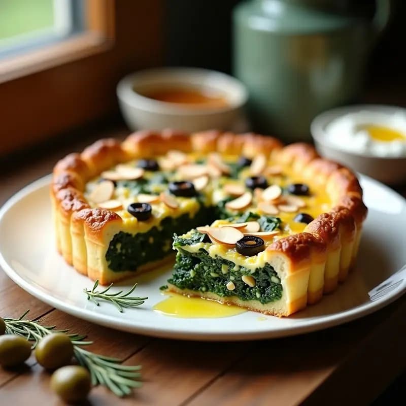 Torta dorada y esponjosa de espinacas, feta y aceitunas kalamata servida en plato blanco, con almendras fileteadas tostadas en la superficie y un hilo de aceite de oliva. Receta griega en airfryer, alta en proteína y sin harina.