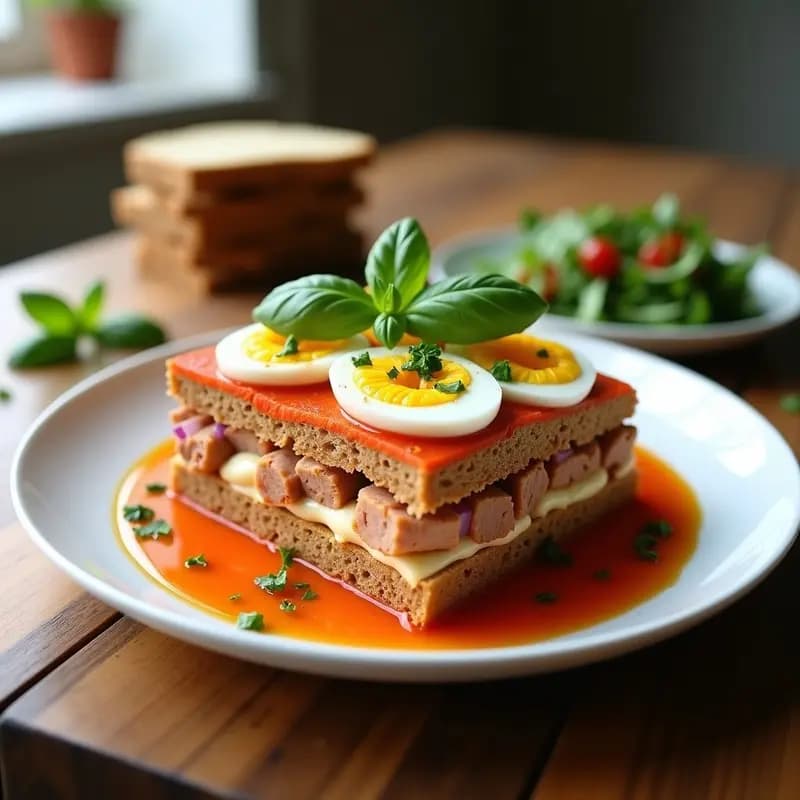 Plato blanco con torta de gazpacho extremeña: rebanada de pan tostado integral con gazpacho fresco, atún desmenuzado, huevo duro en rodajas y aceitunas negras, espolvoreado con pimentón dulce.