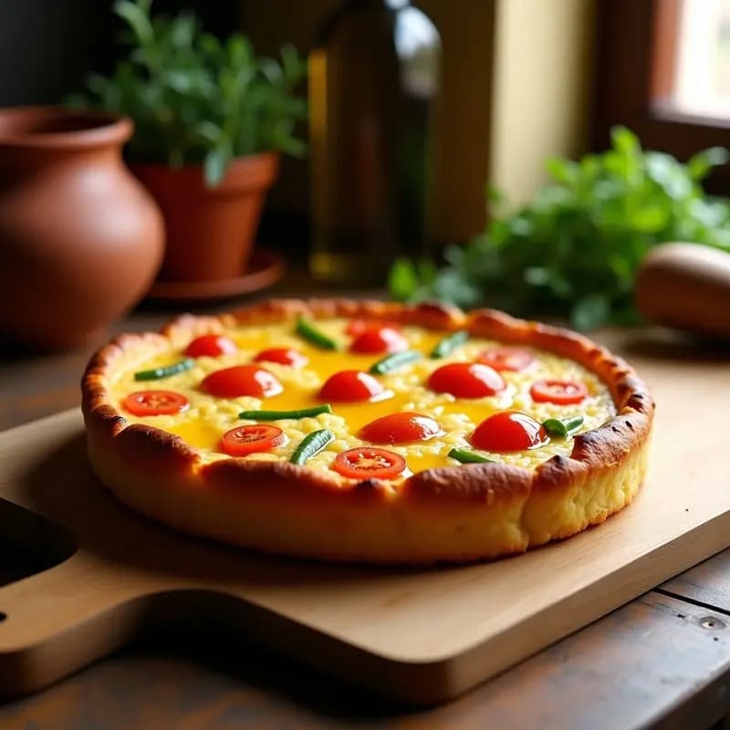 Torta de gazpacho manchega dorada en molde redondo, con trozos de tomate, pimiento verde y aceite de oliva virgen extra brillando en la superficie, servida en tabla de madera rústica.