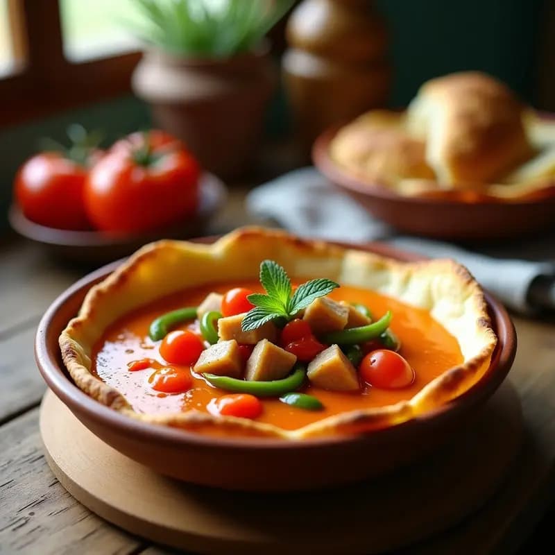 Plato hondo de barro con torta de gazpacho manchego fría, trozos de conejo estofado, tomate y pimiento, decorada con menta fresca y un chorro de aceite de oliva virgen extra.