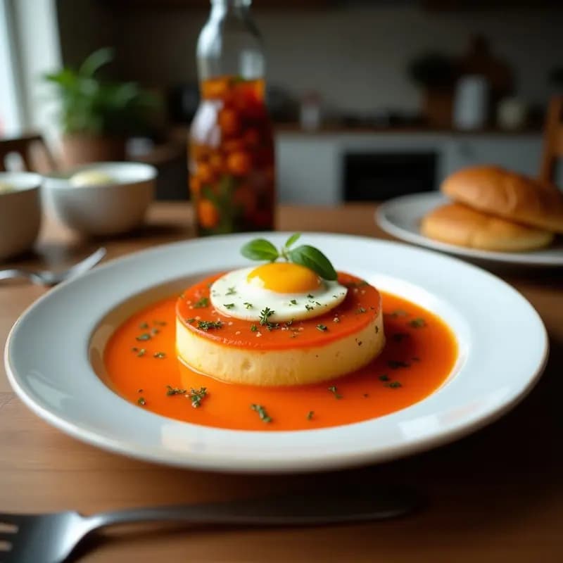 Plato tradicional manchego con torta de pan empapado en guiso de tomate, pimiento y cebolla, coronado con un huevo frito de yema líquida y un hilo de aceite de oliva virgen extra.