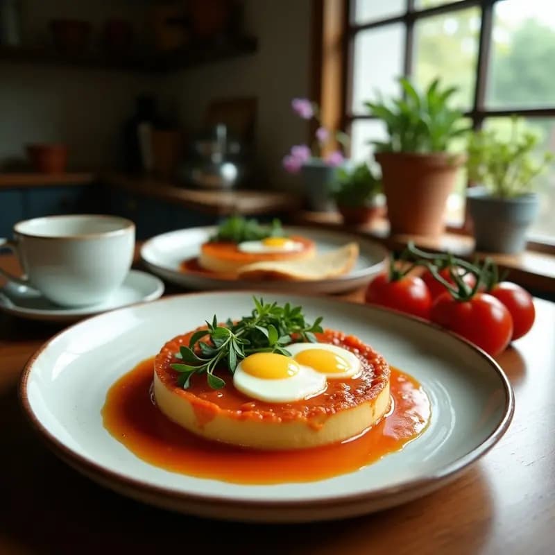Cazuela de barro humeante con torta de gazpacho manchego: pan frito dorado en el fondo, verduras estofadas con pimientos, tomates y cebolla, y huevos camperos con yemas líquidas. Perejil fresco espolvoreado y aceite de oliva brillante. Receta tradicional de la abuela.