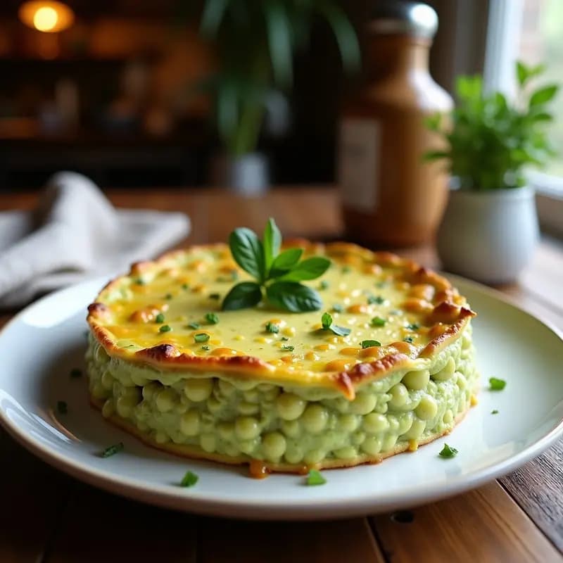 Torta de milho verde dorada y esponjosa en molde redondo, con cubos de queso coalho derretidos en la superficie, servida en plato rústico con cilantro fresco. Receta brasileña sin harina.